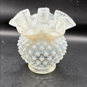 Vintage Fenton moonstone hobnail ruffle glass vase
